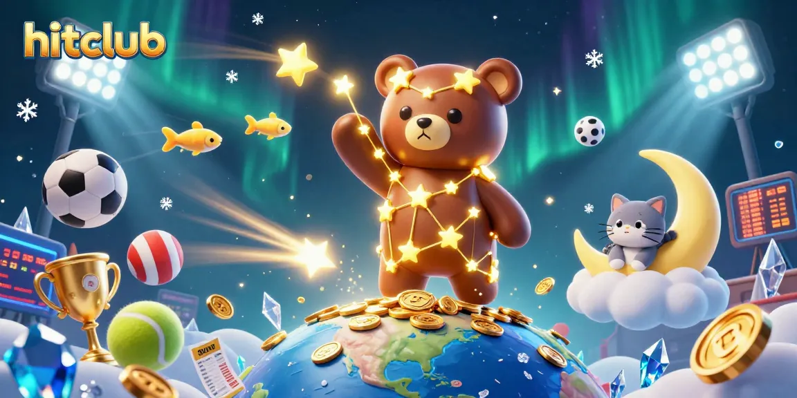 Hitclub's dynamic gaming scene showcases constellation bear scooping coins among vibrant sports elements.