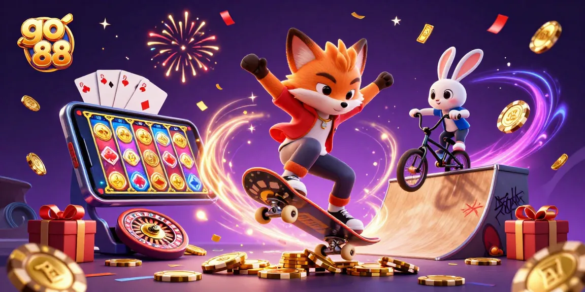 Experience go 88 with a thrilling 3D illustration featuring dynamic casino characters and vibrant game elements.