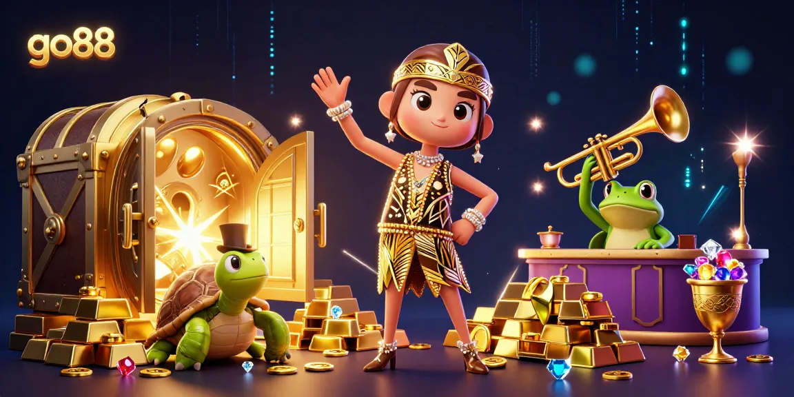 Experience thrilling gameplay at go88 with vibrant 3D characters amidst golden treasures and dazzling casino elements.