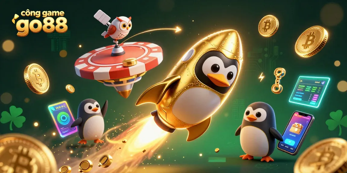 Experience the exciting world of cổng game go88 with a golden penguin in space heading to a casino station.